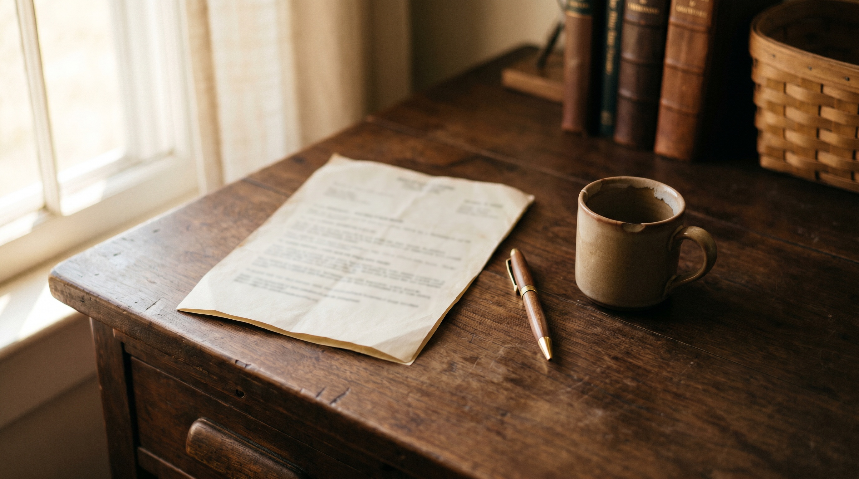 A retirement account statement, a brass-tipped pen, and a ceramic mug on a weathered wooden desk corner in a Kentucky home, window light from the left.