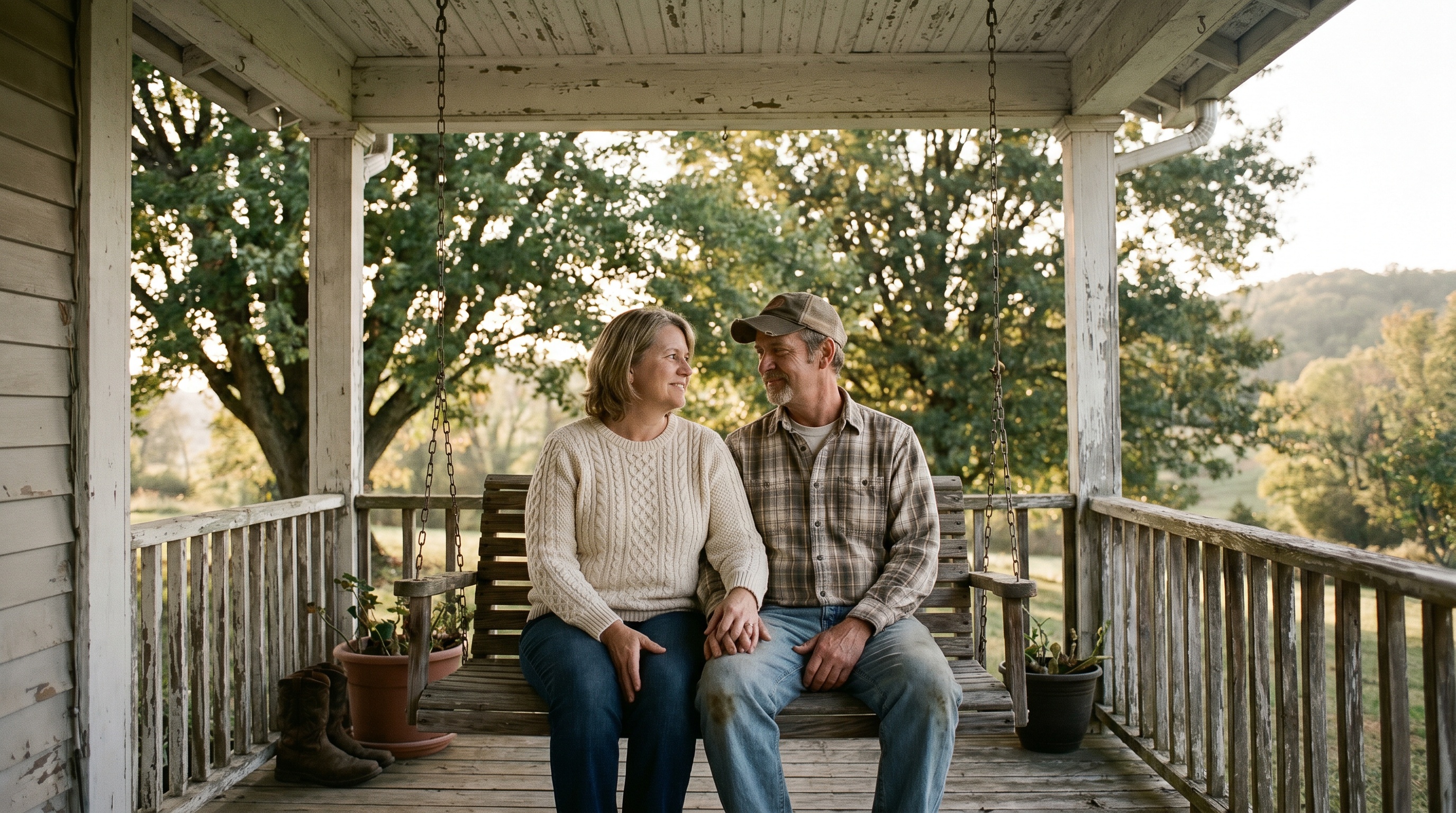 A middle-aged couple sit together on a hanging wooden porch swing of their small Kentucky home, looking at each other in the late afternoon light.