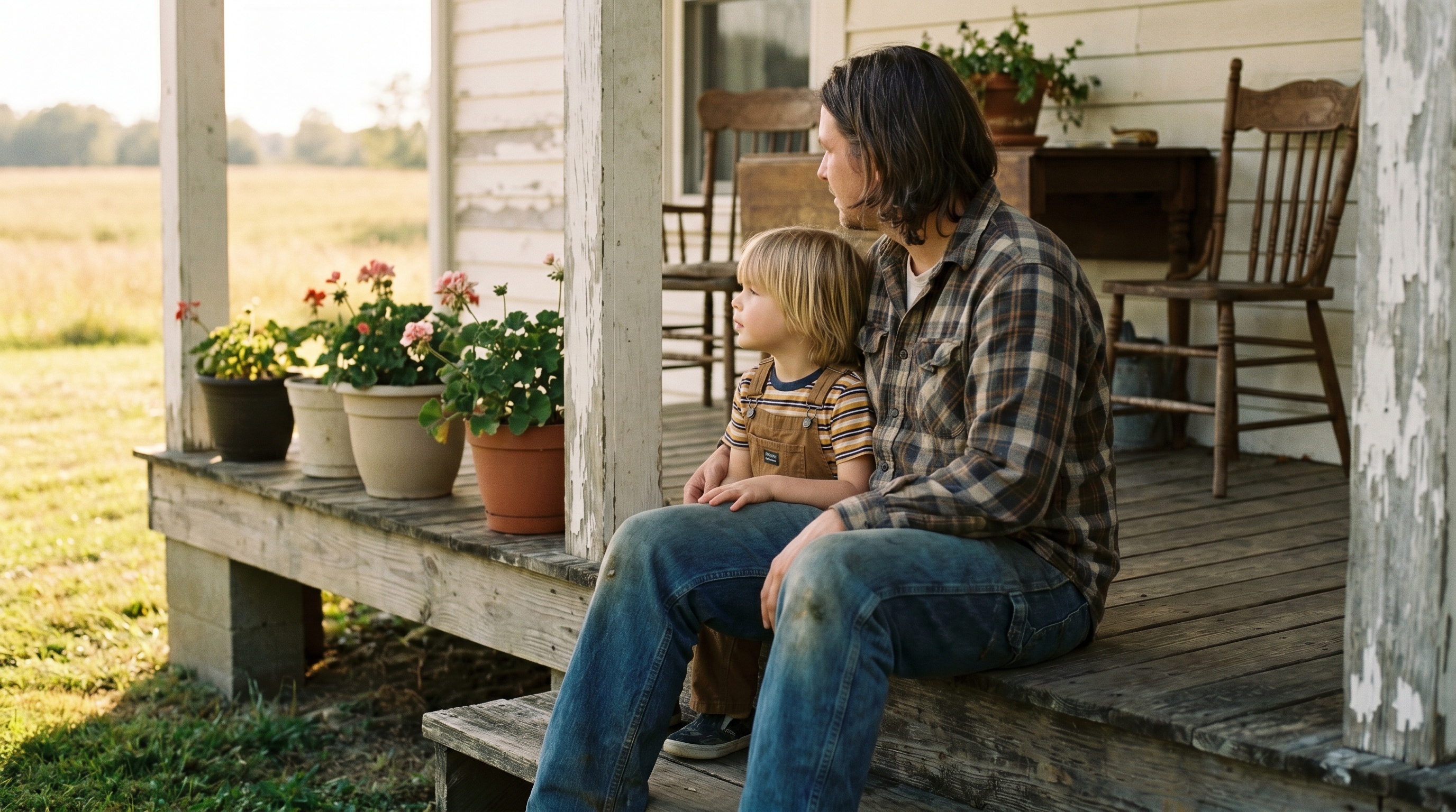 A Kentucky parent sits on the steps of their small home porch with their young child, late afternoon golden hour, geraniums in clay pots beside them.