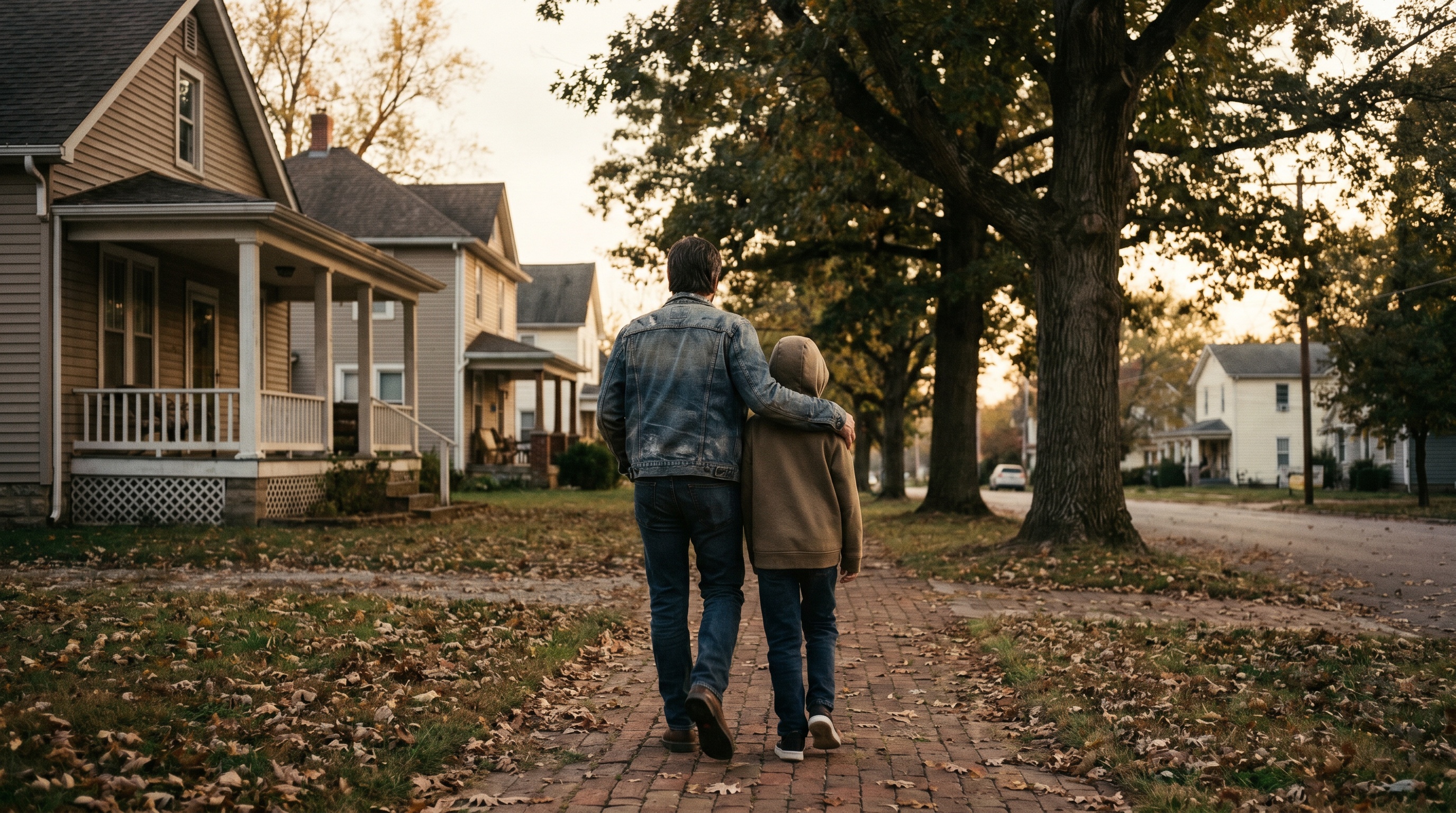 A Kentucky parent and child walk together down a brick-paved residential sidewalk in a small Kentucky town, fall leaves on the ground, the parent's arm around the child's shoulders.