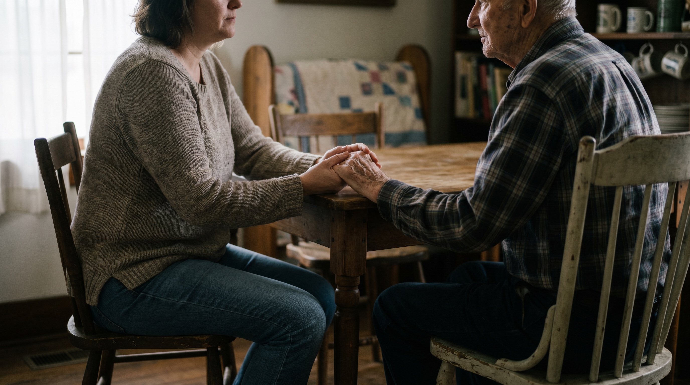 Adult daughter holding the hand of her elderly father across a kitchen table, heirloom quilt visible on a chair in the background.