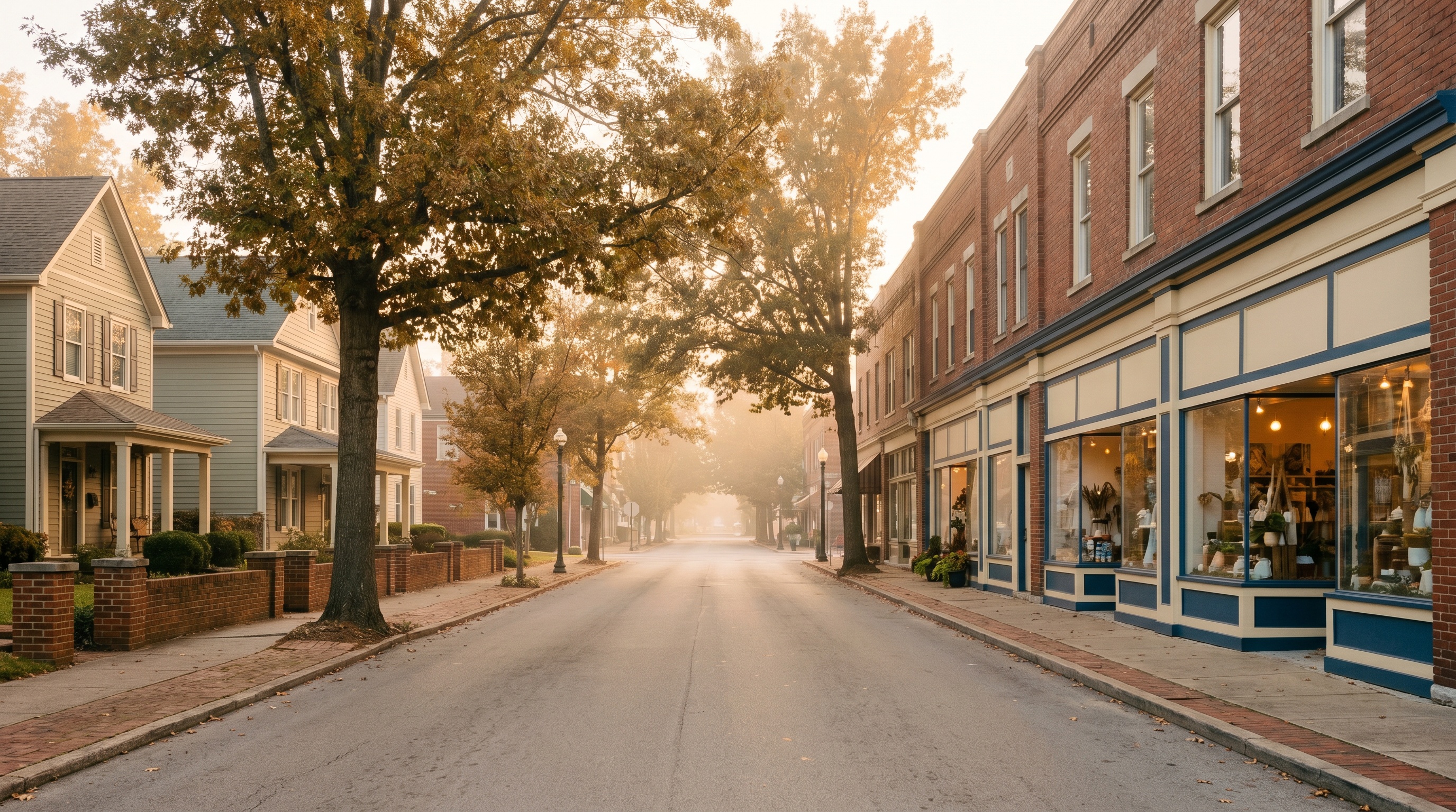 Brick storefronts and a clapboard home on a small Kentucky main-street commercial block, hand-painted historic signage, mature street trees.