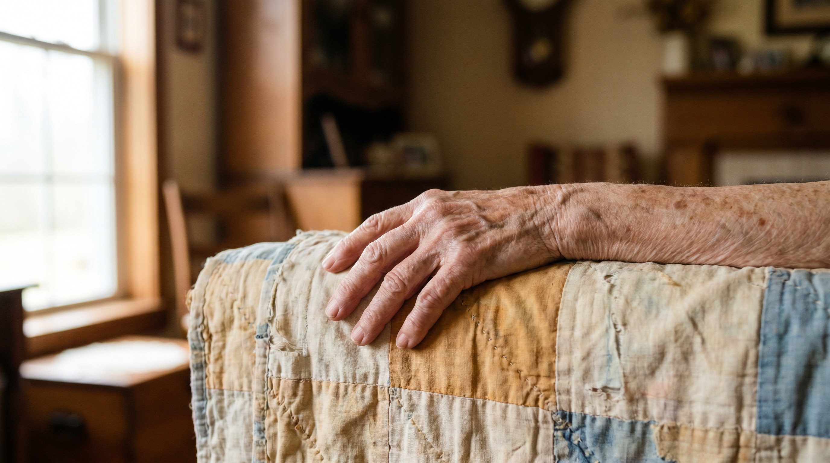 An elderly hand rests on the edge of a faded heirloom Kentucky patchwork quilt, window light from the left.