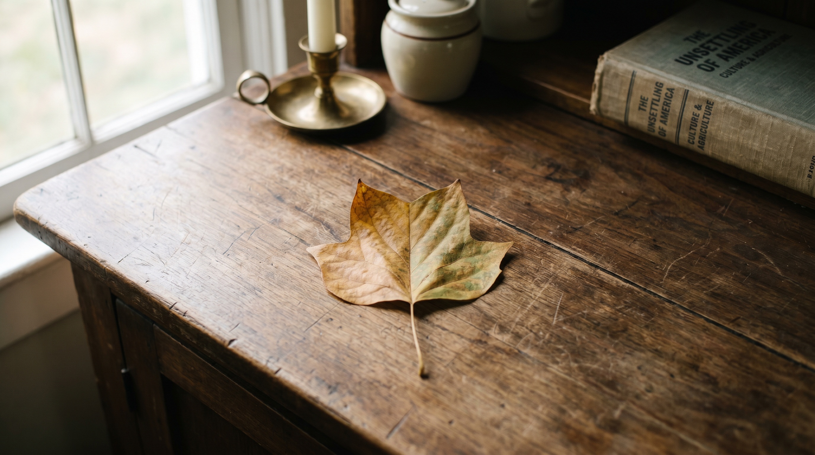 A single tulip poplar leaf rests on a weathered wooden surface beside a brass candleholder.