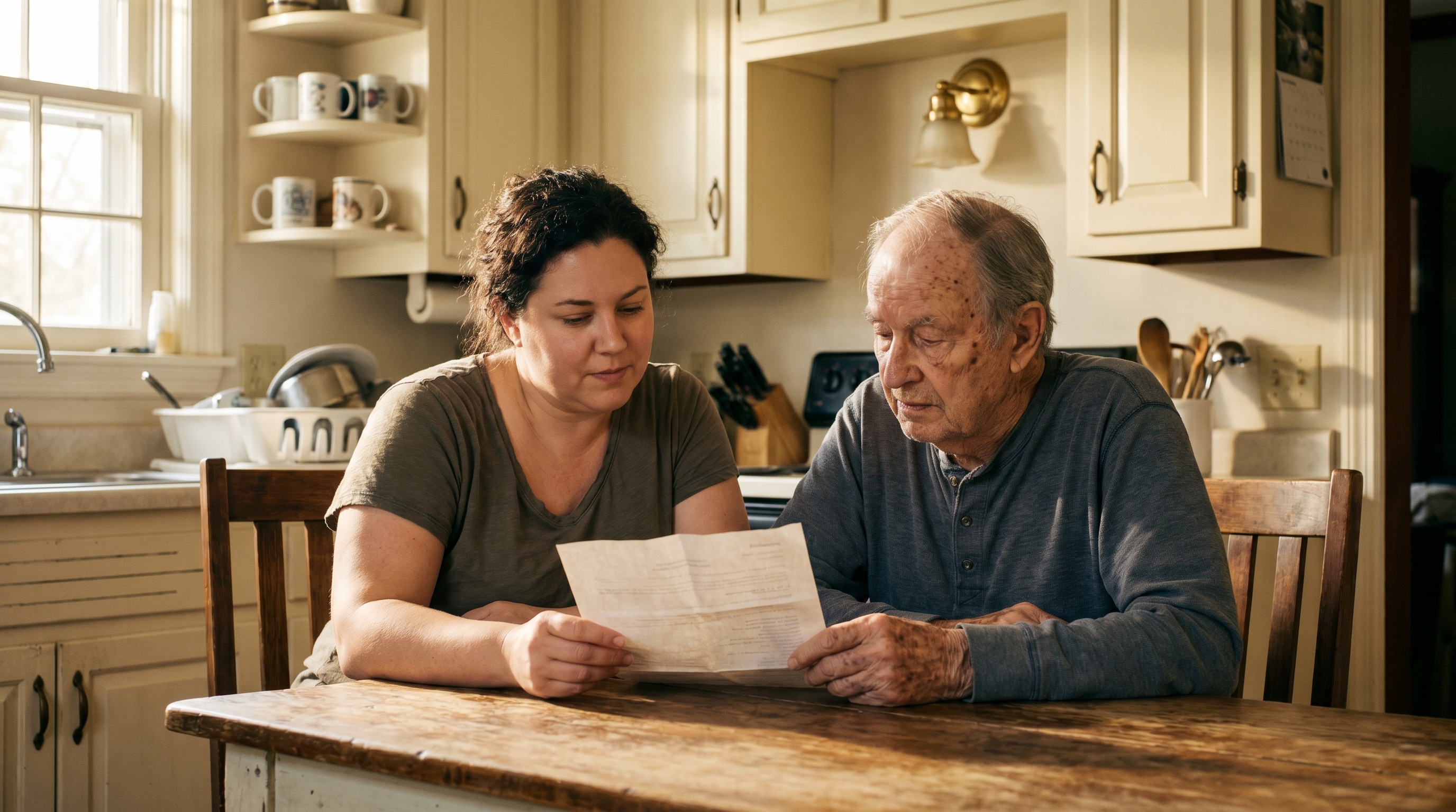 An adult daughter and her elderly parent reviewing paperwork together at the kitchen table of a Kentucky home.