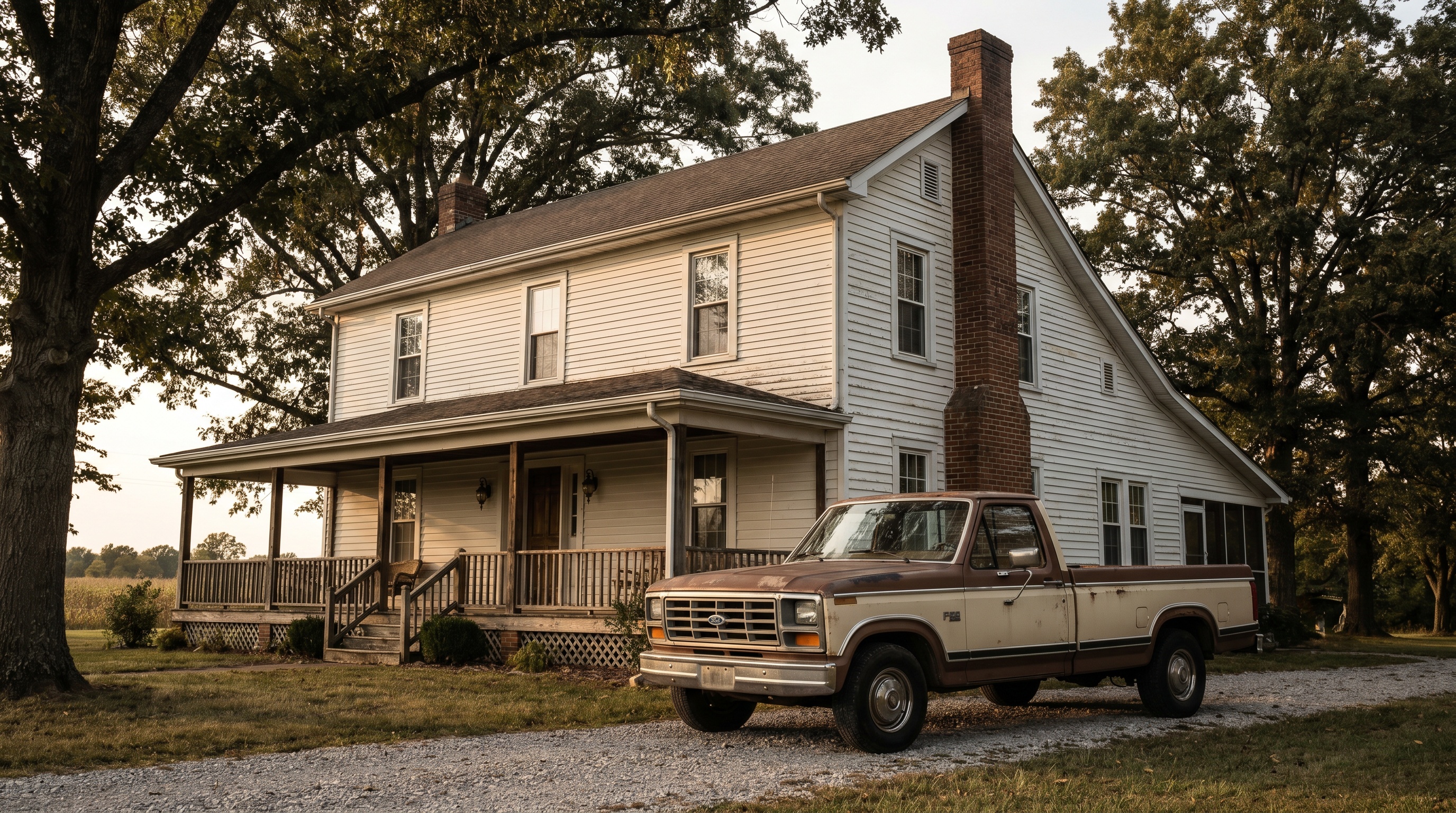 A clapboard Kentucky farmhouse with a wraparound porch, an older green family pickup truck in the driveway, mature trees and a hand-painted EST 1920 sign at the edge.