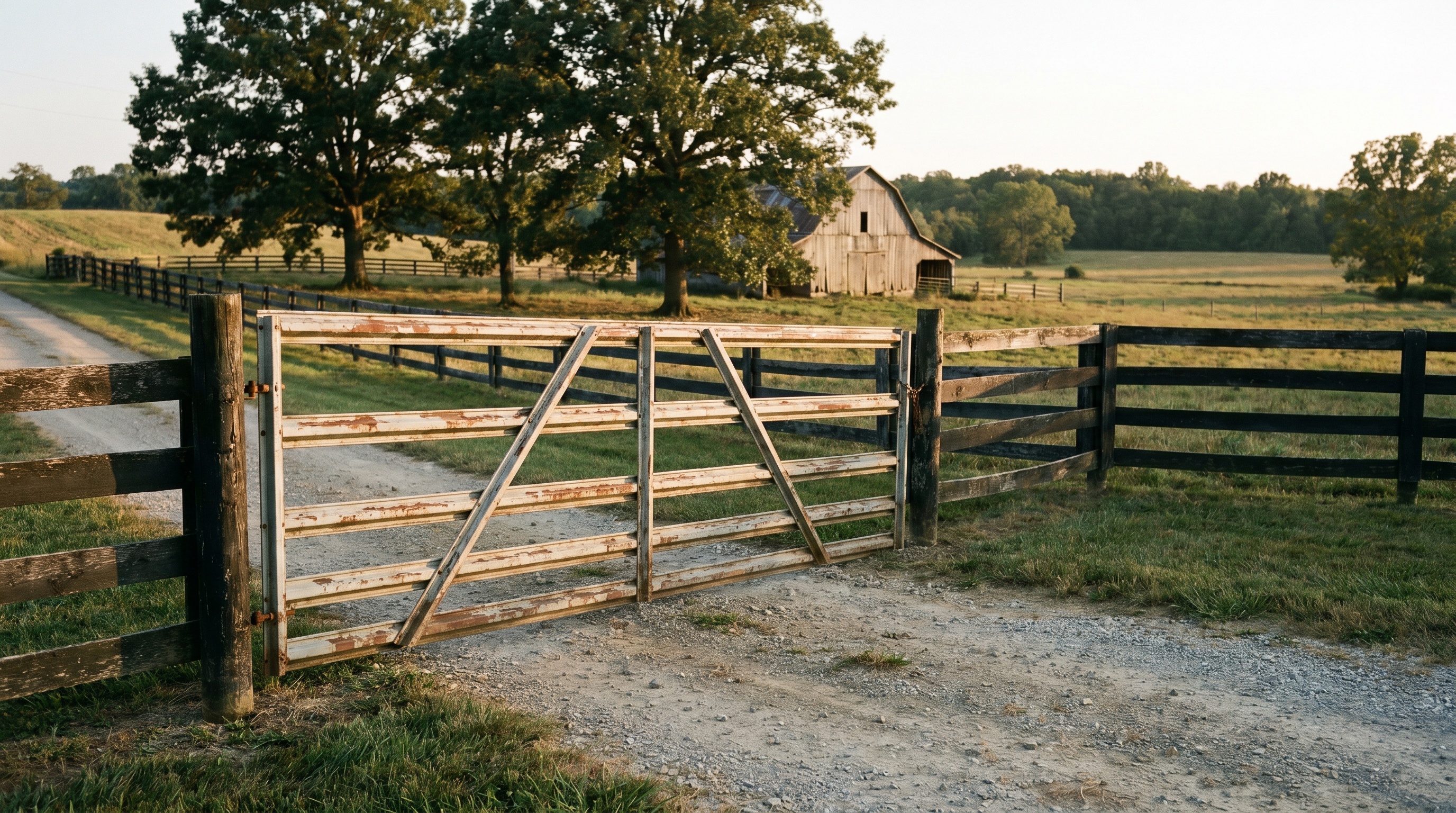 A weathered farm gate beside a gravel road in working Kentucky farmland, golden hour, with a wooden barn in the distance.