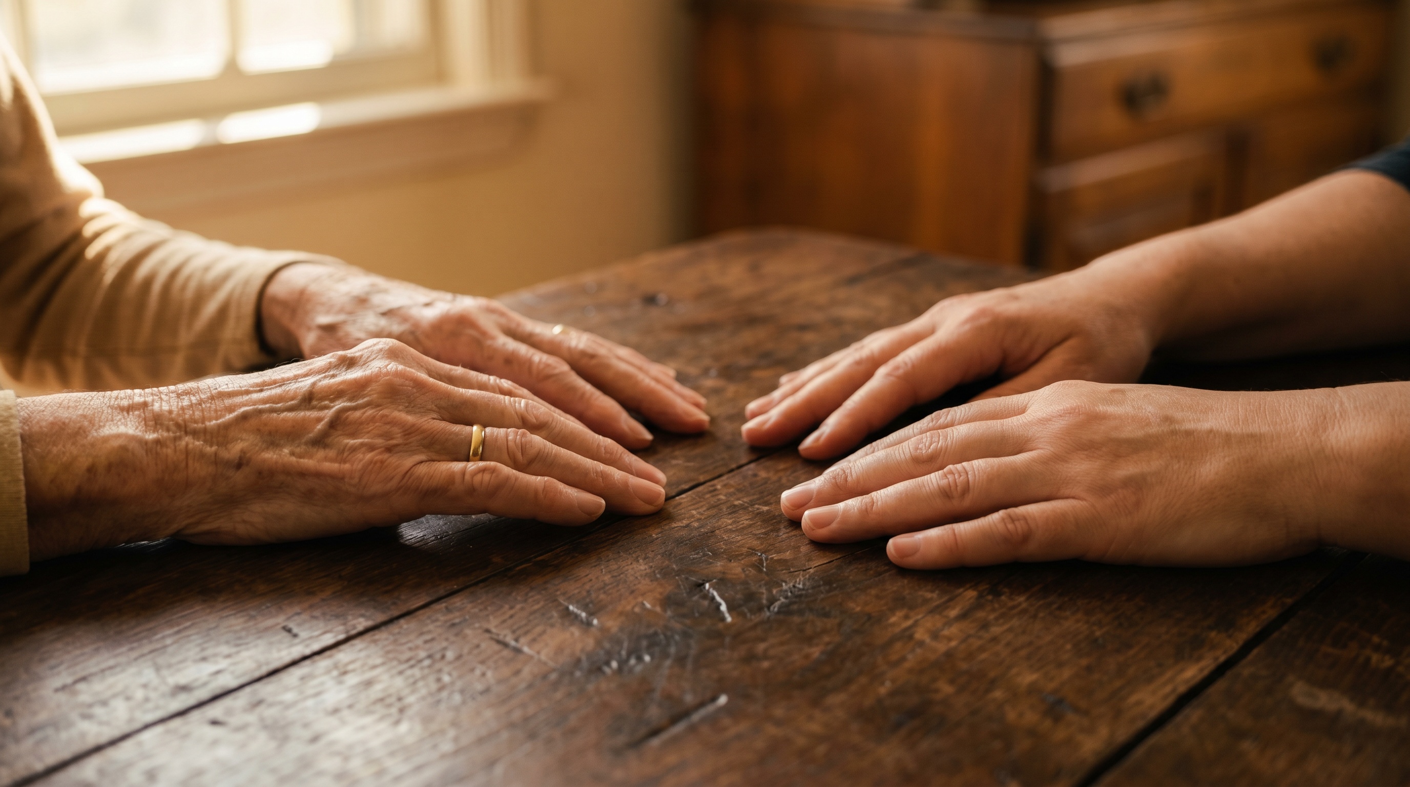 Hands of two generations resting on a Kentucky walnut tabletop.